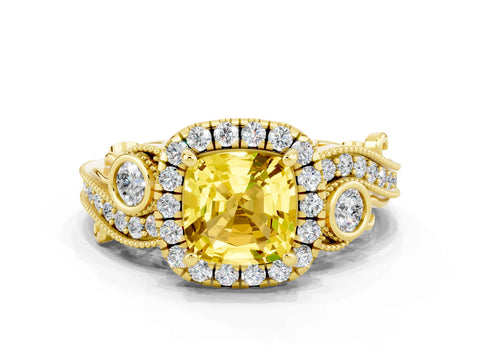 Yellow gold Cushion Cut Yellow Sapphire Halo Ring with Milgrain Pavé Band and Four-Prong Setting_12