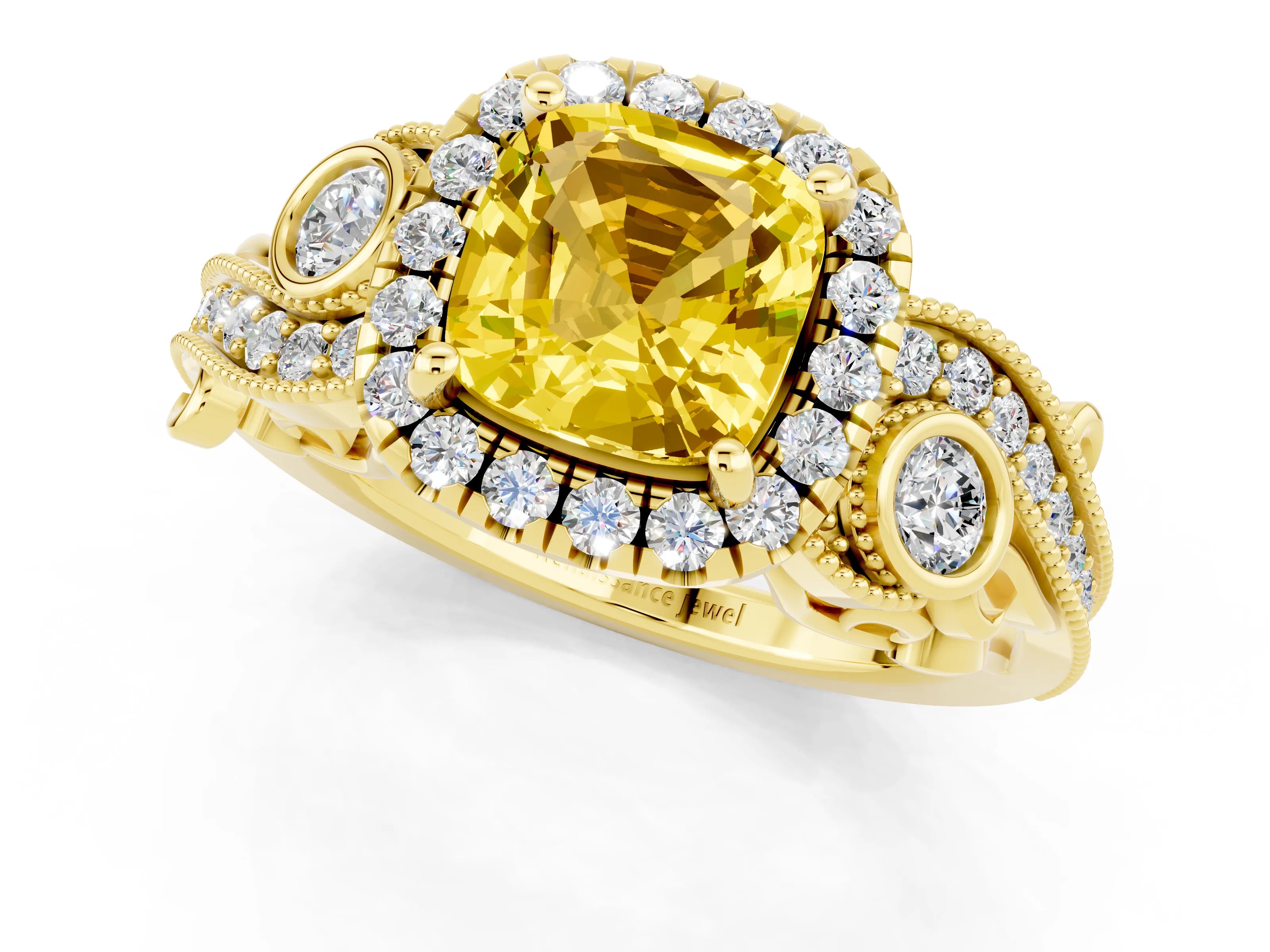 Yellow gold Cushion Cut Yellow Sapphire Halo Ring with Milgrain Pavé Band and Four-Prong Setting_13