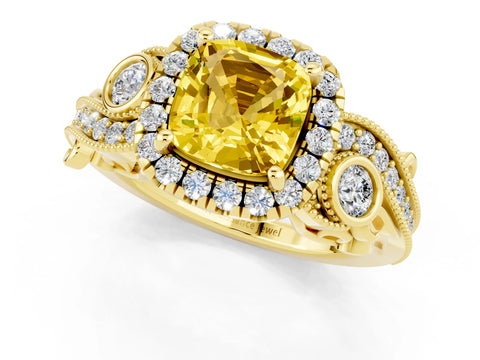 Yellow gold Cushion Cut Yellow Sapphire Halo Ring with Milgrain Pavé Band and Four-Prong Setting_13