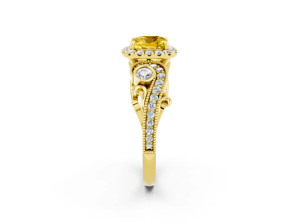 Yellow gold Cushion Cut Yellow Sapphire Halo Ring with Milgrain Pavé Band and Four-Prong Setting