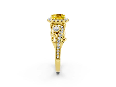 Yellow gold Cushion Cut Yellow Sapphire Halo Ring with Milgrain Pavé Band and Four-Prong Setting_14