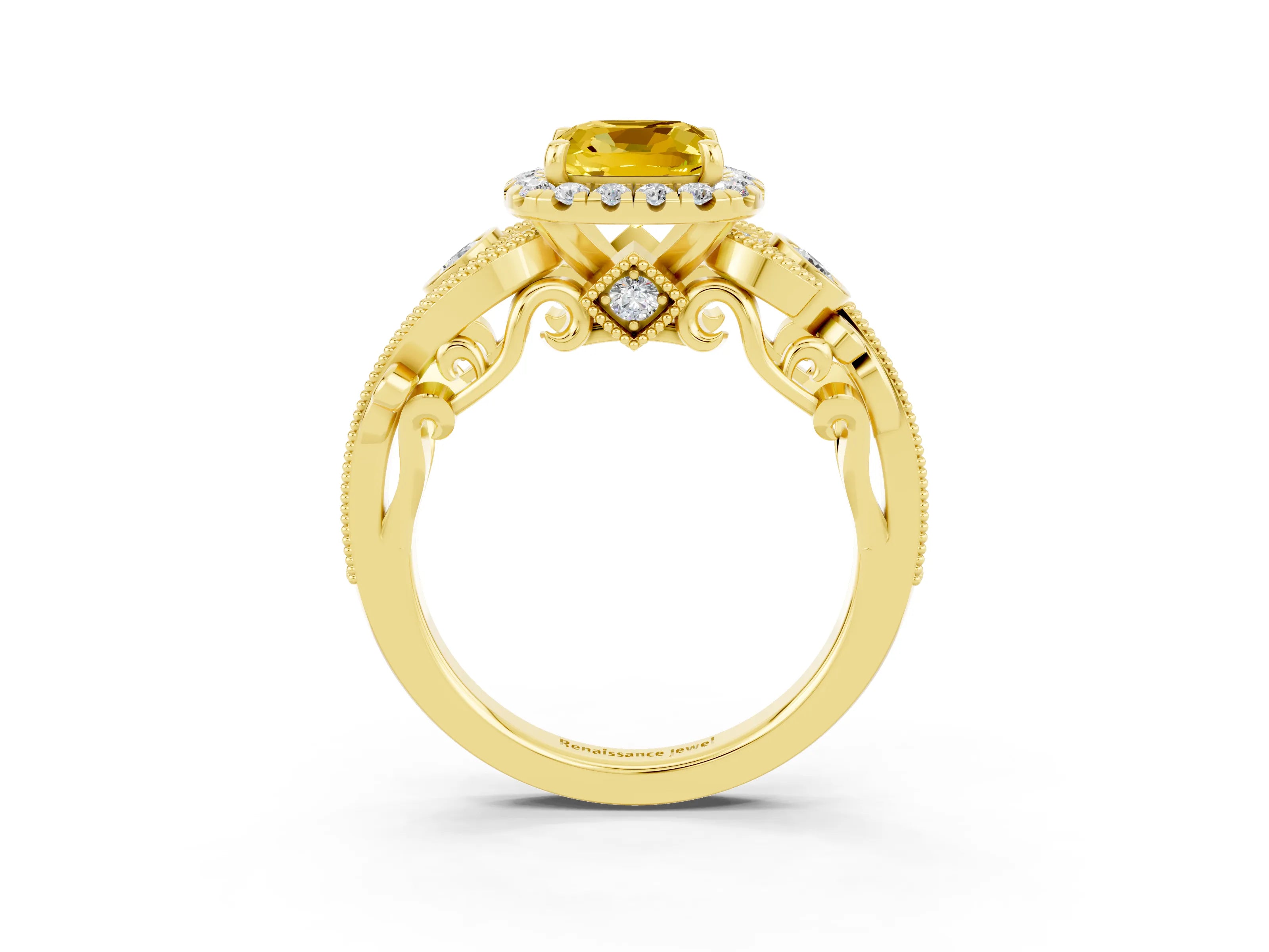 Yellow gold Cushion Cut Yellow Sapphire Halo Ring with Milgrain Pavé Band and Four-Prong Setting_15