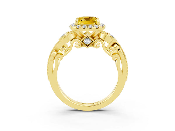 Yellow gold Cushion Cut Yellow Sapphire Halo Ring with Milgrain Pavé Band and Four-Prong Setting