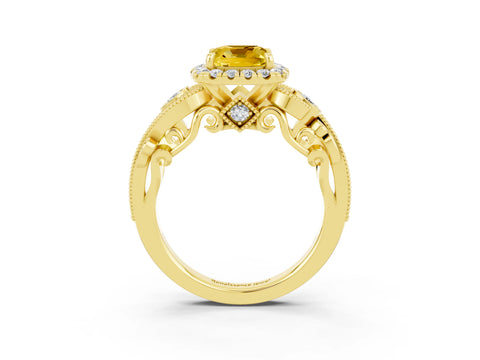Yellow gold Cushion Cut Yellow Sapphire Halo Ring with Milgrain Pavé Band and Four-Prong Setting_15