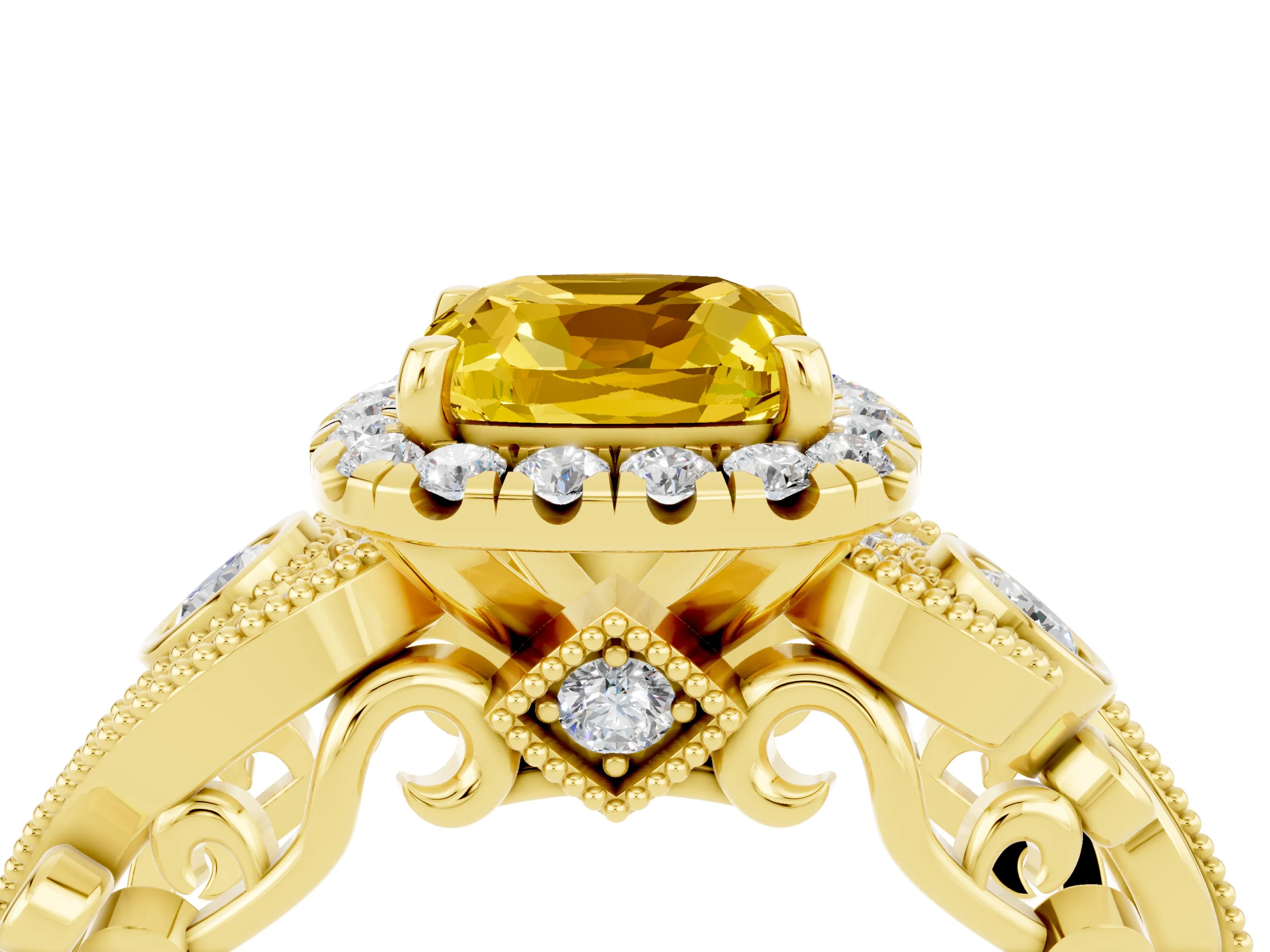Yellow gold Cushion Cut Yellow Sapphire Halo Ring with Milgrain Pavé Band and Four-Prong Setting_16