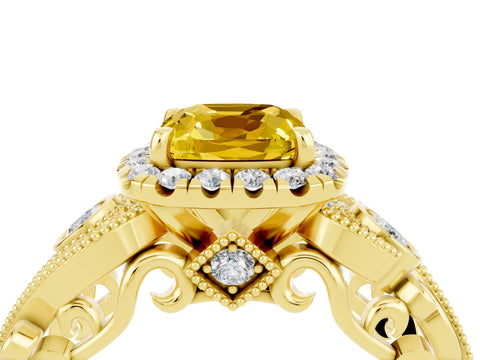 Yellow gold Cushion Cut Yellow Sapphire Halo Ring with Milgrain Pavé Band and Four-Prong Setting_16