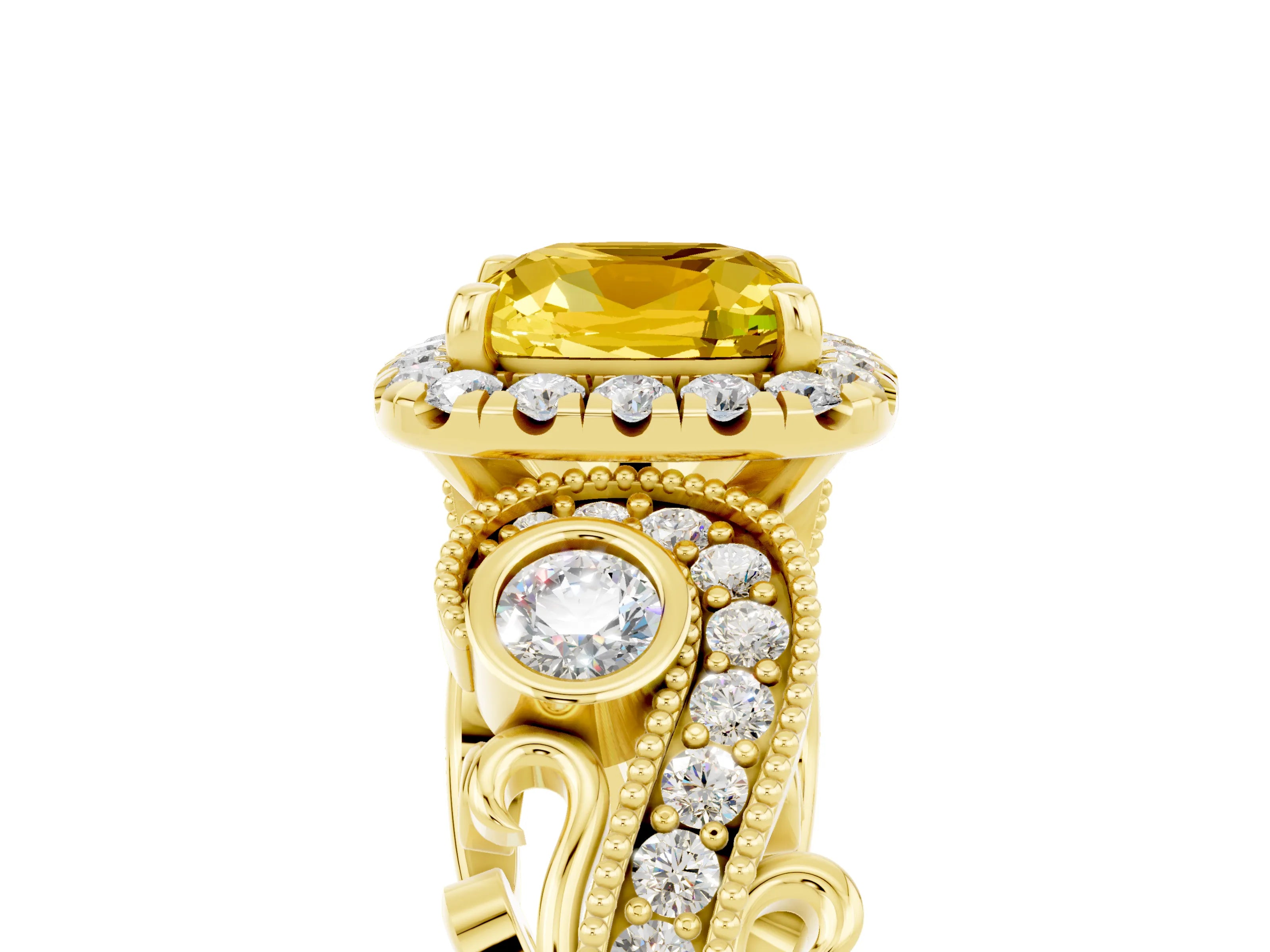 Yellow gold Cushion Cut Yellow Sapphire Halo Ring with Milgrain Pavé Band and Four-Prong Setting_17