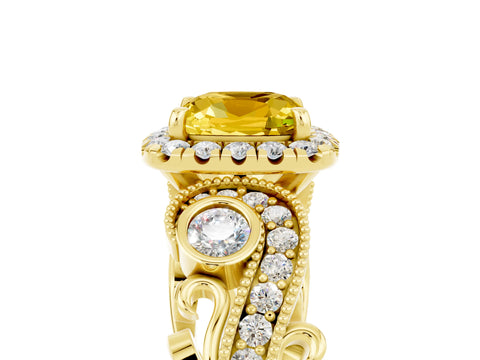 Yellow gold Cushion Cut Yellow Sapphire Halo Ring with Milgrain Pavé Band and Four-Prong Setting_17
