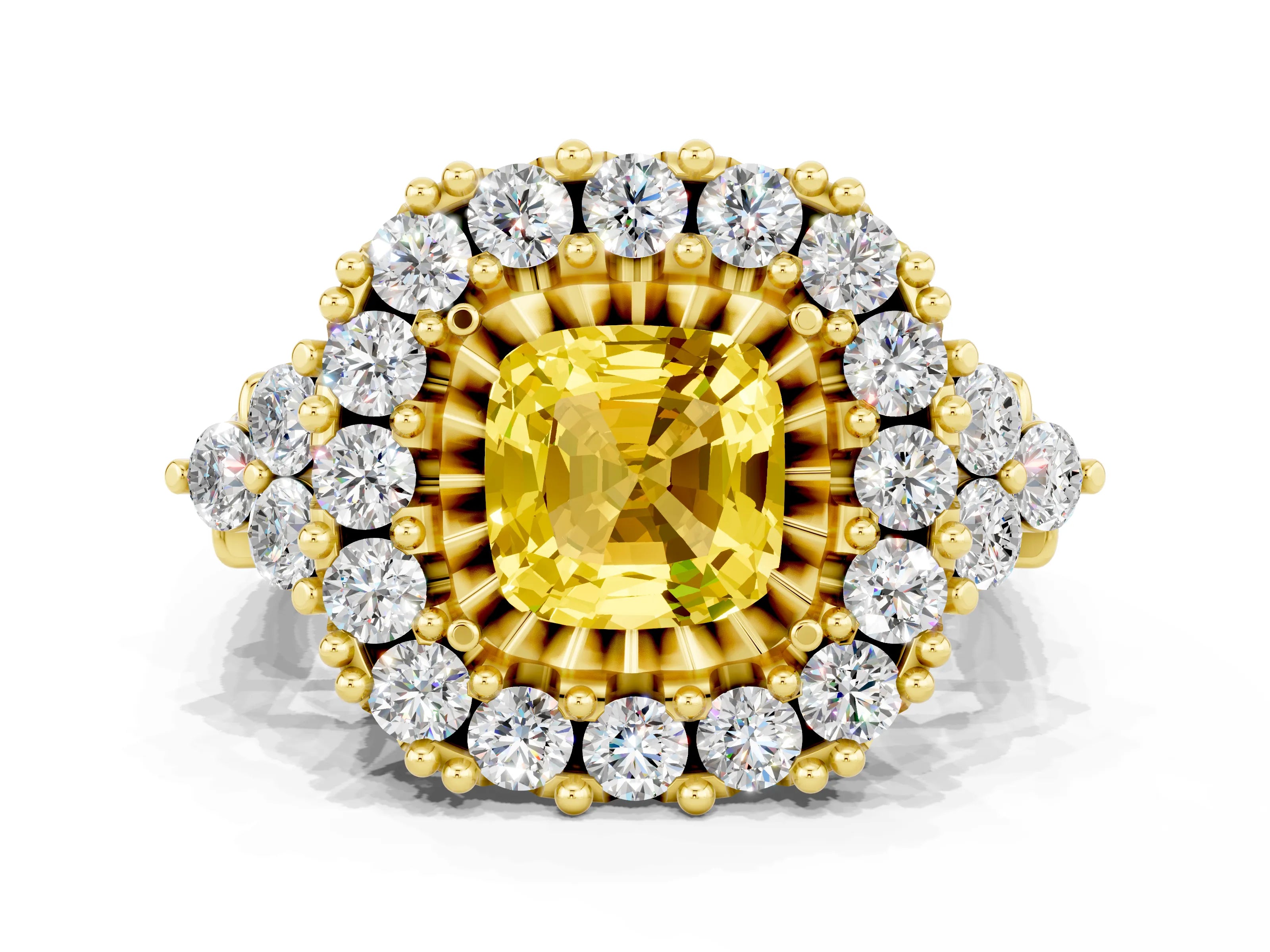 Yellow gold Cushion Cut Yellow Sapphire Halo Ring with Pavé Band and Four-Prong Setting_12