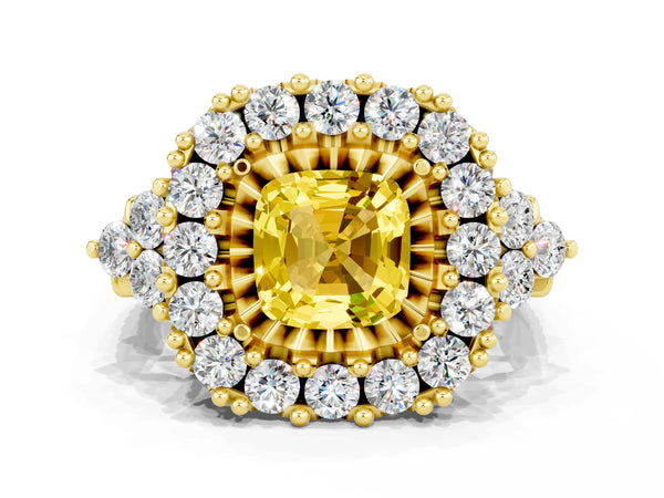 Yellow gold Cushion Cut Yellow Sapphire Halo Ring with Pavé Band and Four-Prong Setting