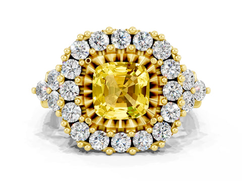 Yellow gold Cushion Cut Yellow Sapphire Halo Ring with Pavé Band and Four-Prong Setting_12