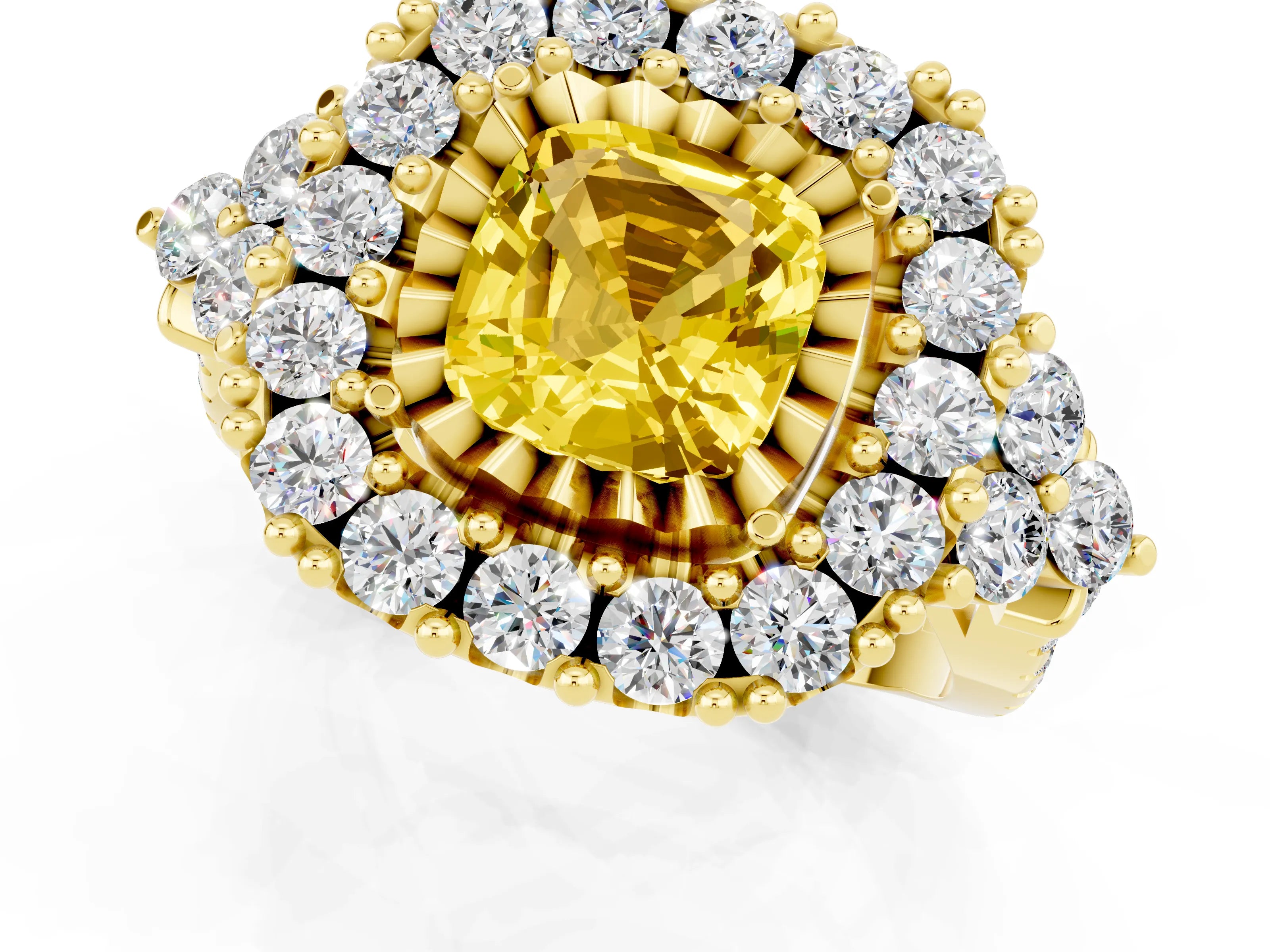 Yellow gold Cushion Cut Yellow Sapphire Halo Ring with Pavé Band and Four-Prong Setting_13