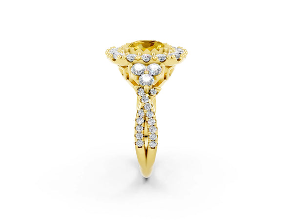 Yellow gold Cushion Cut Yellow Sapphire Halo Ring with Pavé Band and Four-Prong Setting