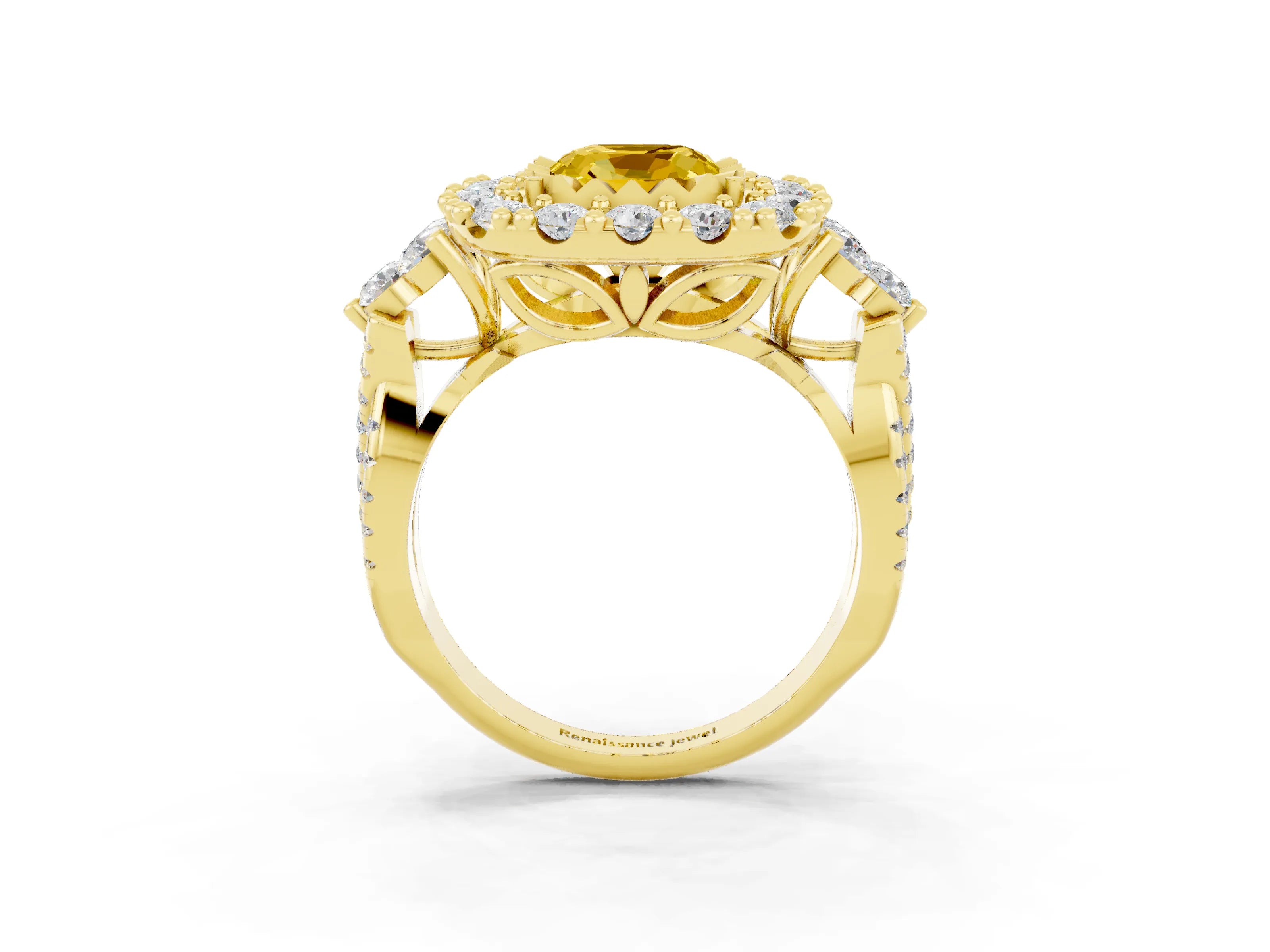 Yellow gold Cushion Cut Yellow Sapphire Halo Ring with Pavé Band and Four-Prong Setting_15