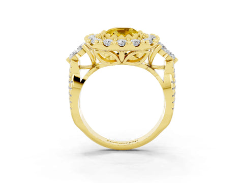 Yellow gold Cushion Cut Yellow Sapphire Halo Ring with Pavé Band and Four-Prong Setting_15