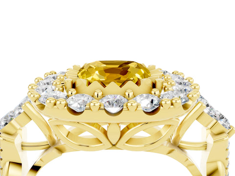 Yellow gold Cushion Cut Yellow Sapphire Halo Ring with Pavé Band and Four-Prong Setting_16