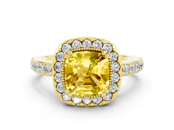 Yellow gold Cushion Cut Yellow Sapphire Halo Ring with Pavé Band and Prong Setting