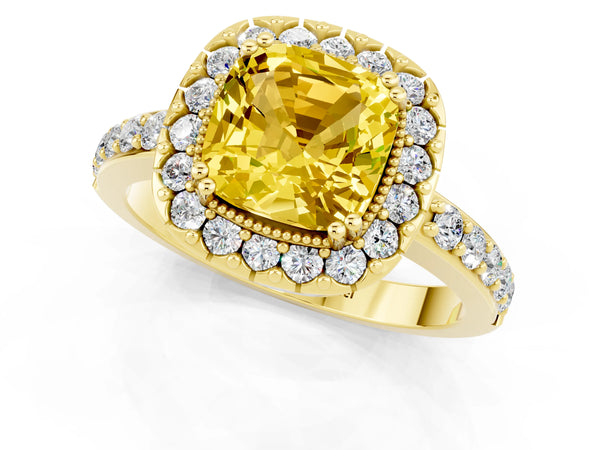 Yellow gold Cushion Cut Yellow Sapphire Halo Ring with Pavé Band and Prong Setting