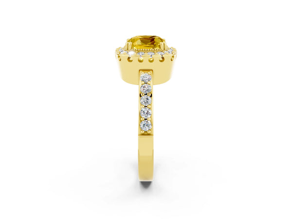 Yellow gold Cushion Cut Yellow Sapphire Halo Ring with Pavé Band and Prong Setting