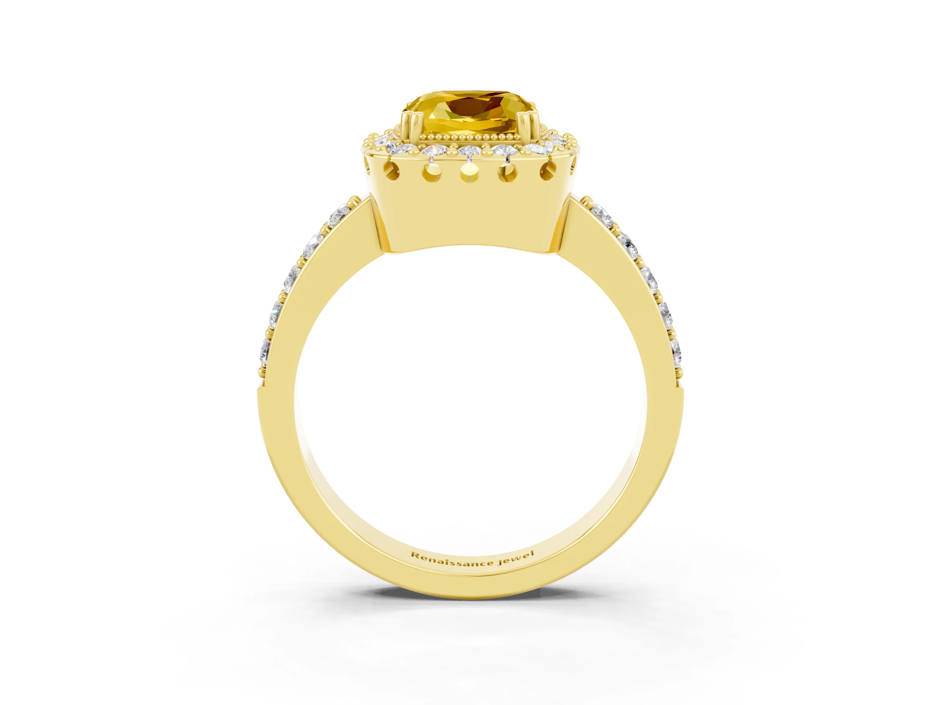 Yellow gold Cushion Cut Yellow Sapphire Halo Ring with Pavé Band and Prong Setting_3