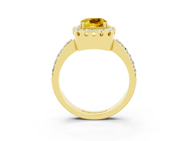 Yellow gold Cushion Cut Yellow Sapphire Halo Ring with Pavé Band and Prong Setting