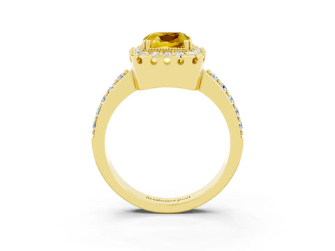Yellow gold Cushion Cut Yellow Sapphire Halo Ring with Pavé Band and Prong Setting_3