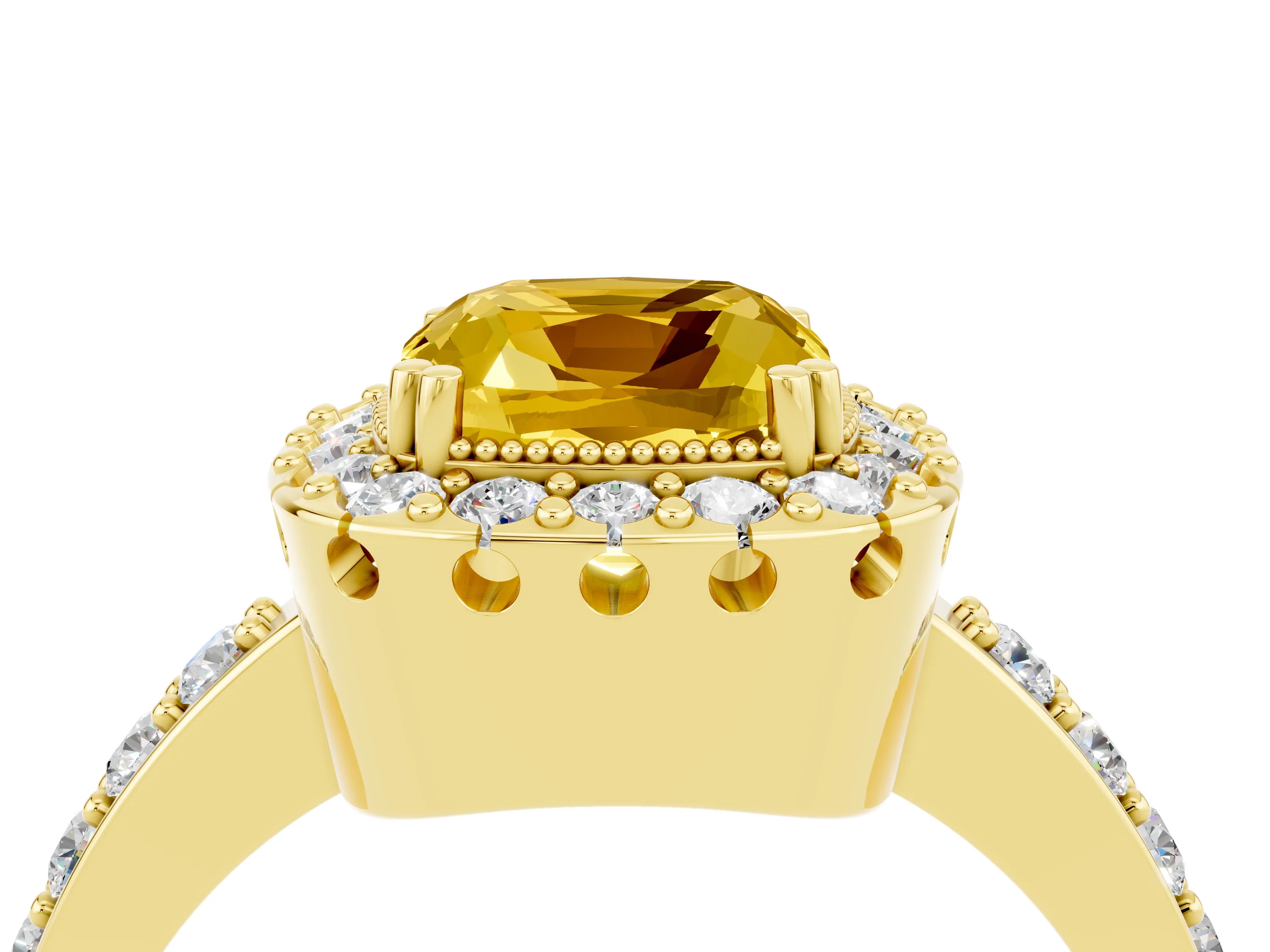 Yellow gold Cushion Cut Yellow Sapphire Halo Ring with Pavé Band and Prong Setting_4