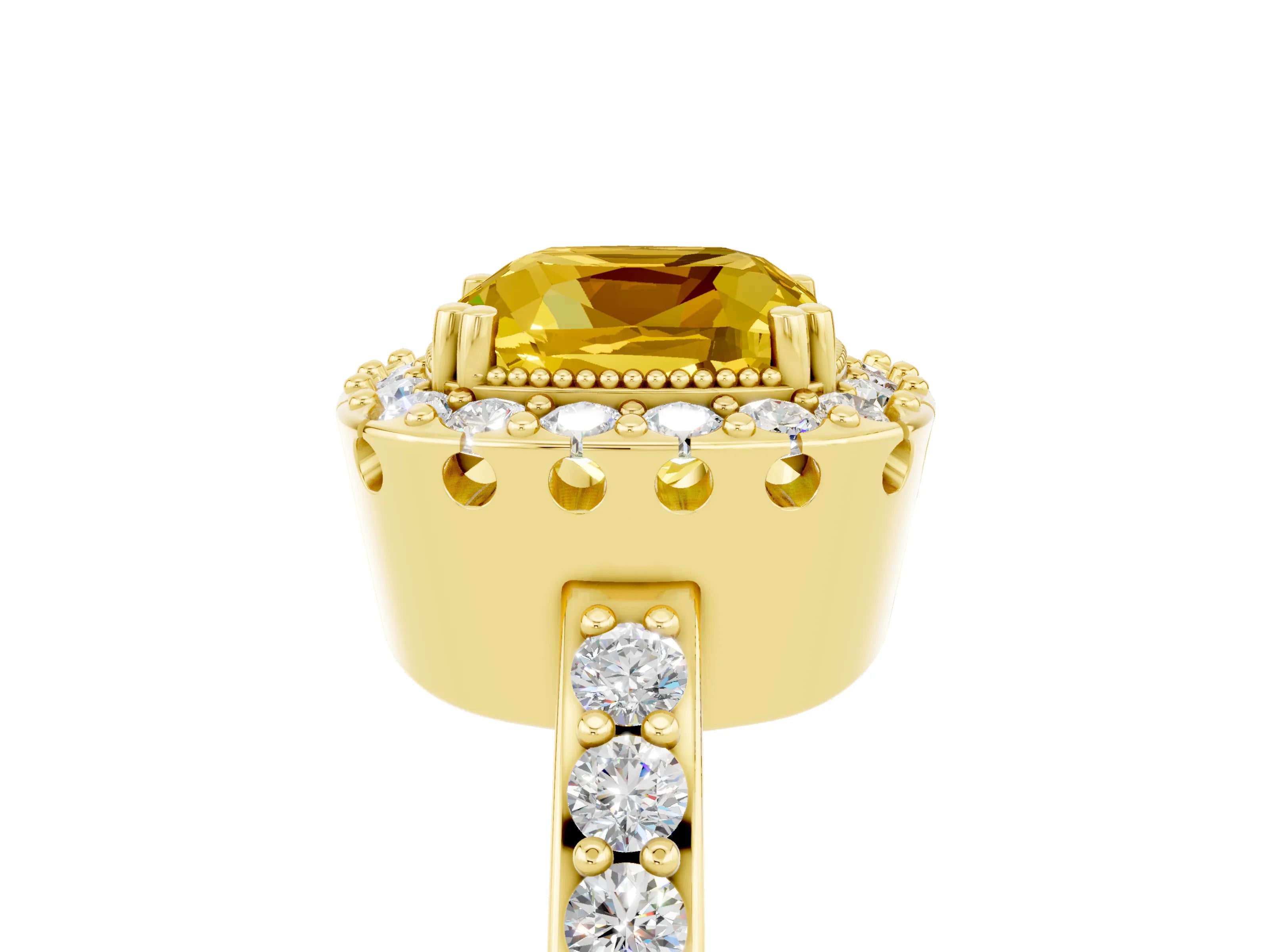 Yellow gold Cushion Cut Yellow Sapphire Halo Ring with Pavé Band and Prong Setting_5