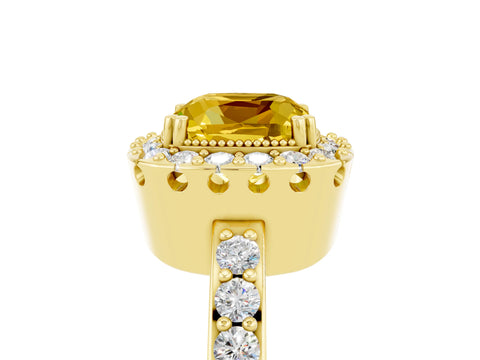 Yellow gold Cushion Cut Yellow Sapphire Halo Ring with Pavé Band and Prong Setting_5