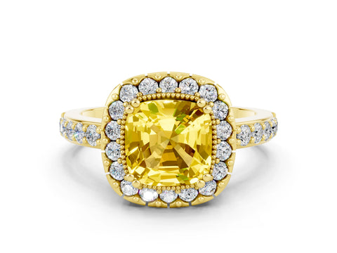 Yellow gold Cushion Cut Yellow Sapphire Halo Ring with Pavé Band and Prong Setting