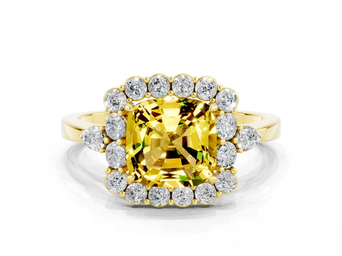 Yellow gold Cushion Cut Yellow Sapphire Halo Ring with Pear Side Stones and Prong Setting_12