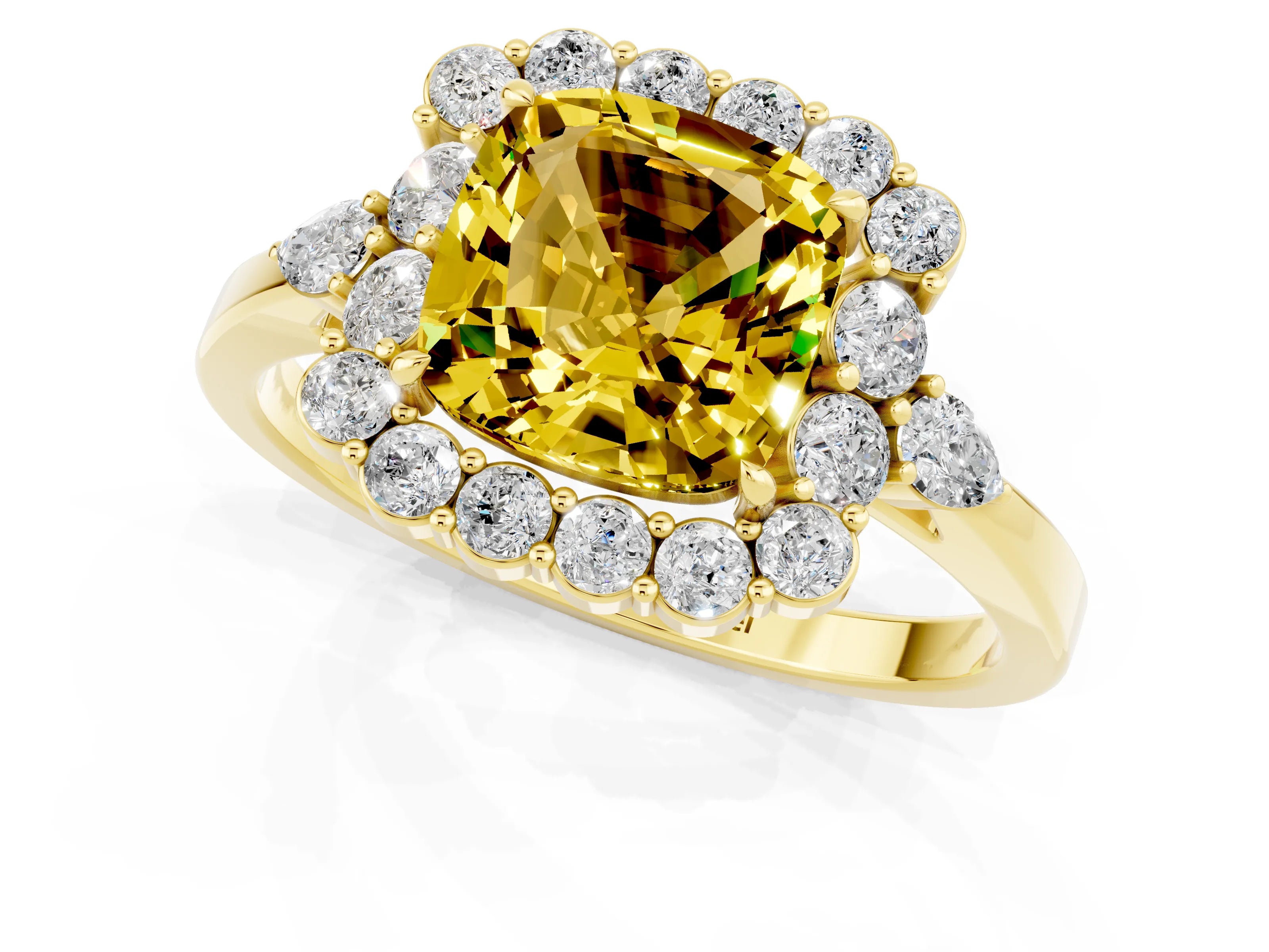 Yellow gold Cushion Cut Yellow Sapphire Halo Ring with Pear Side Stones and Prong Setting_13