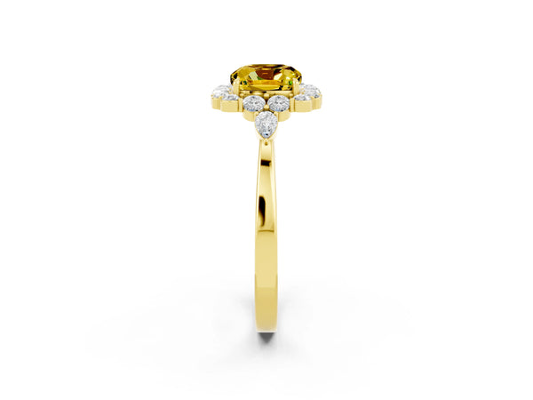 Yellow gold Cushion Cut Yellow Sapphire Halo Ring with Pear Side Stones and Prong Setting