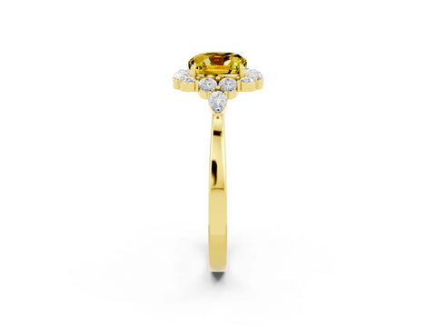 Yellow gold Cushion Cut Yellow Sapphire Halo Ring with Pear Side Stones and Prong Setting_14