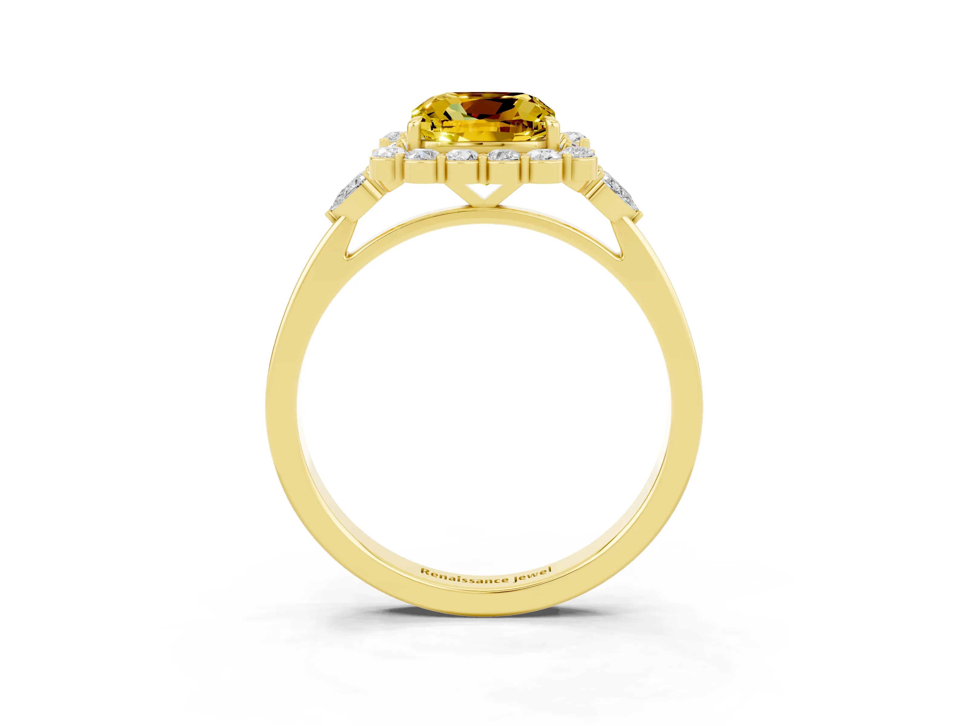 Yellow gold Cushion Cut Yellow Sapphire Halo Ring with Pear Side Stones and Prong Setting_15