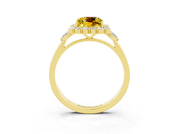 Yellow gold Cushion Cut Yellow Sapphire Halo Ring with Pear Side Stones and Prong Setting