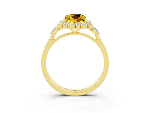 Yellow gold Cushion Cut Yellow Sapphire Halo Ring with Pear Side Stones and Prong Setting_15