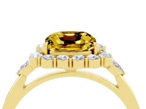 Yellow gold Cushion Cut Yellow Sapphire Halo Ring with Pear Side Stones and Prong Setting_16