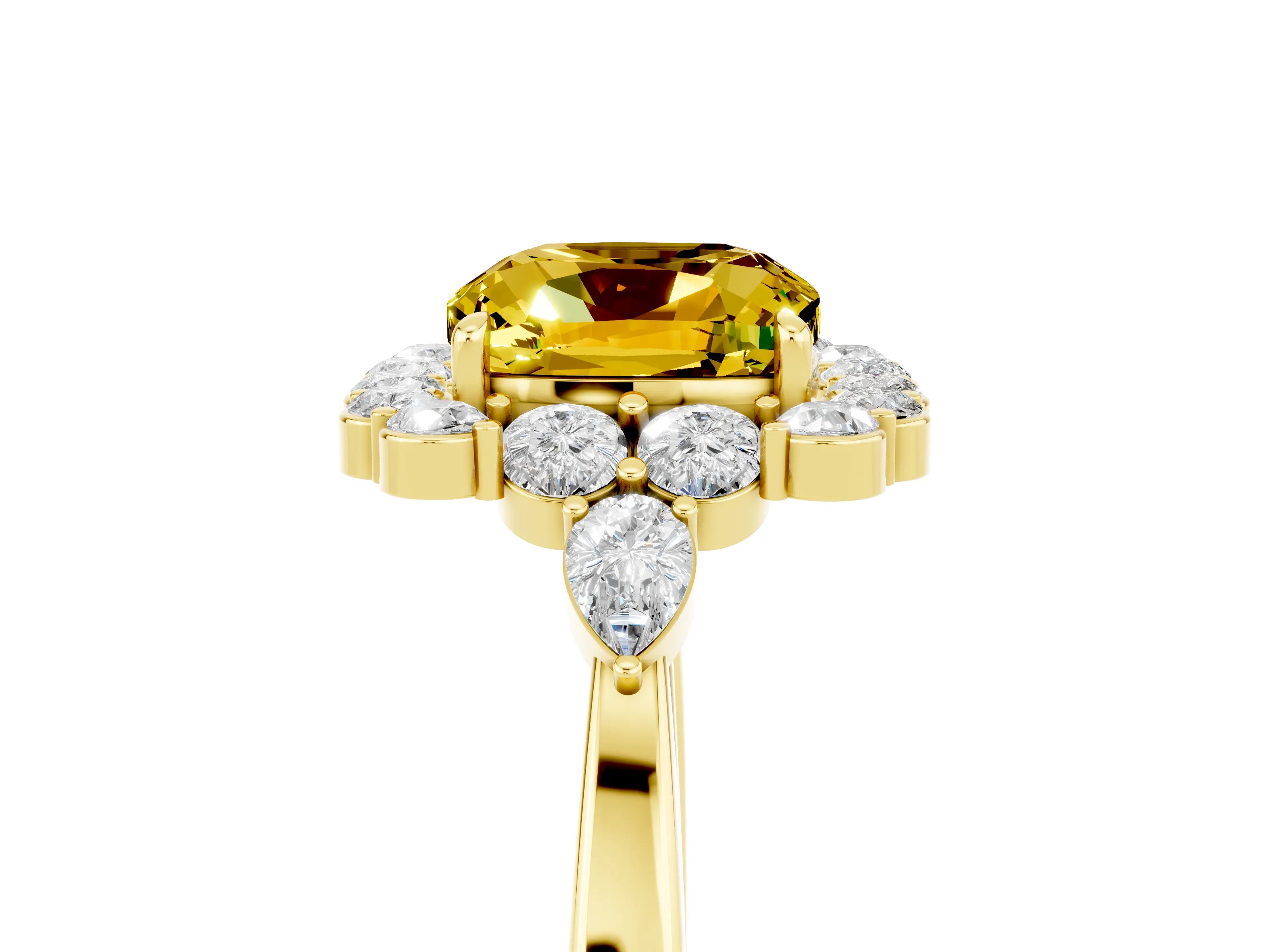 Yellow gold Cushion Cut Yellow Sapphire Halo Ring with Pear Side Stones and Prong Setting_17
