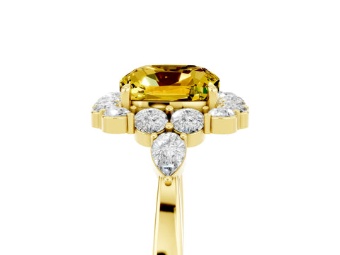 Yellow gold Cushion Cut Yellow Sapphire Halo Ring with Pear Side Stones and Prong Setting_17