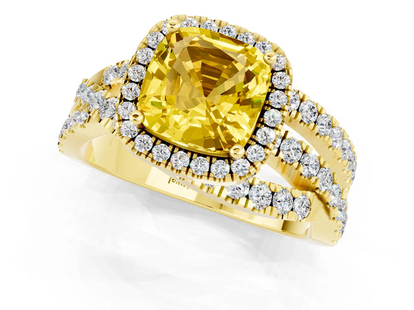 Yellow gold Cushion Cut Yellow Sapphire Halo Ring with Round Split Shank and Prong Setting
