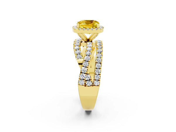 Yellow gold Cushion Cut Yellow Sapphire Halo Ring with Round Split Shank and Prong Setting