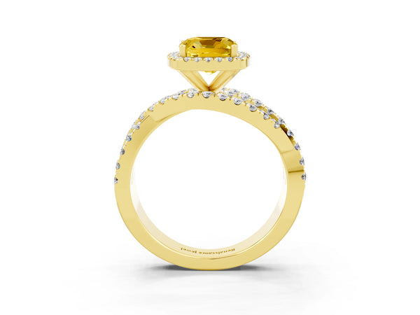 Yellow gold Cushion Cut Yellow Sapphire Halo Ring with Round Split Shank and Prong Setting