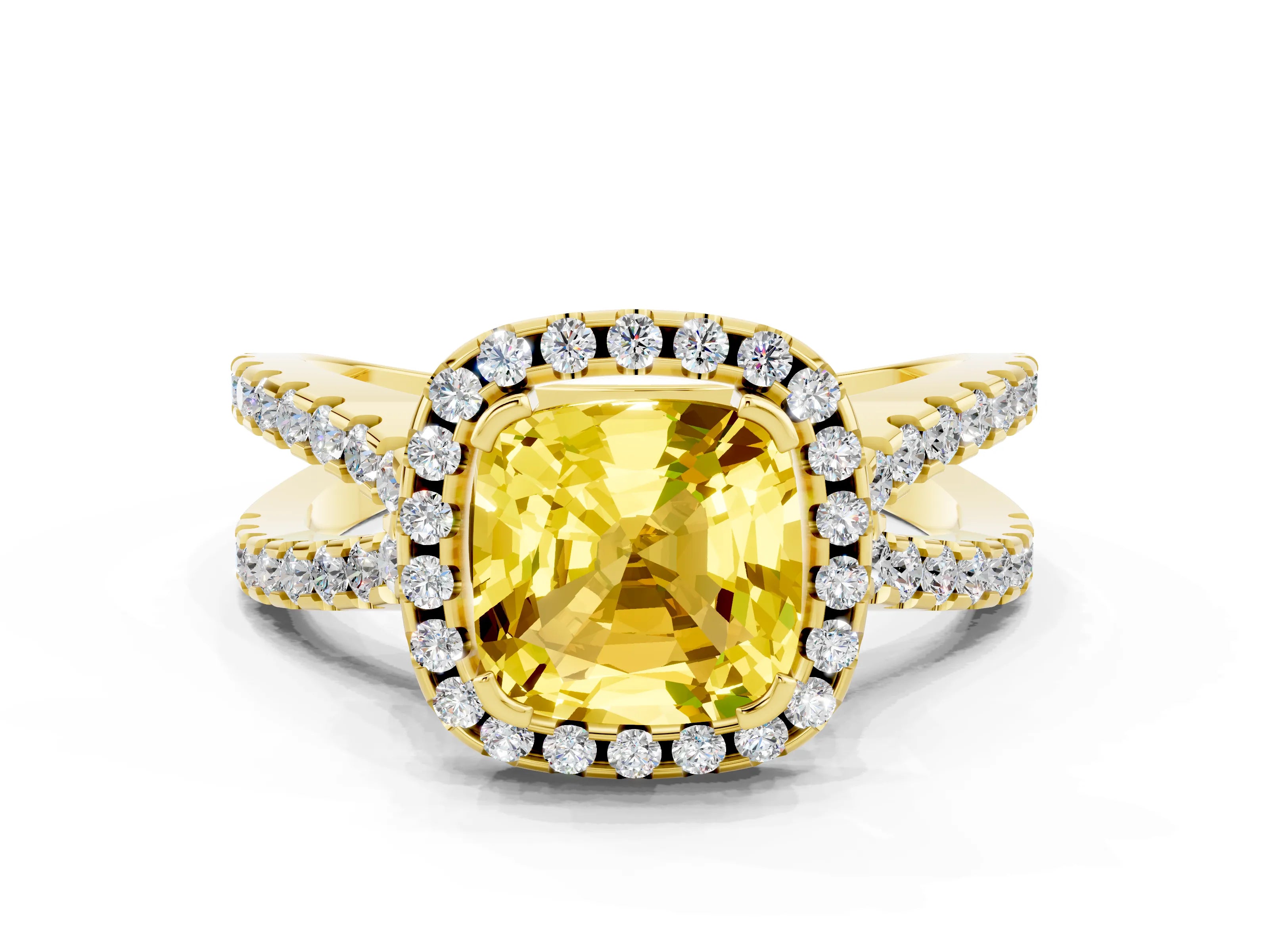 Yellow gold Cushion Cut Yellow Sapphire Halo Ring with Split Shank Pavé Band and Prong Setting_12