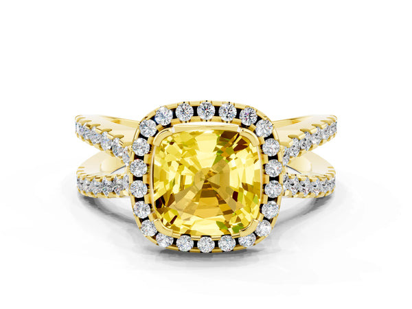 Yellow gold Cushion Cut Yellow Sapphire Halo Ring with Split Shank Pavé Band and Prong Setting