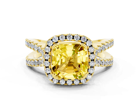 Yellow gold Cushion Cut Yellow Sapphire Halo Ring with Split Shank Pavé Band and Prong Setting_12