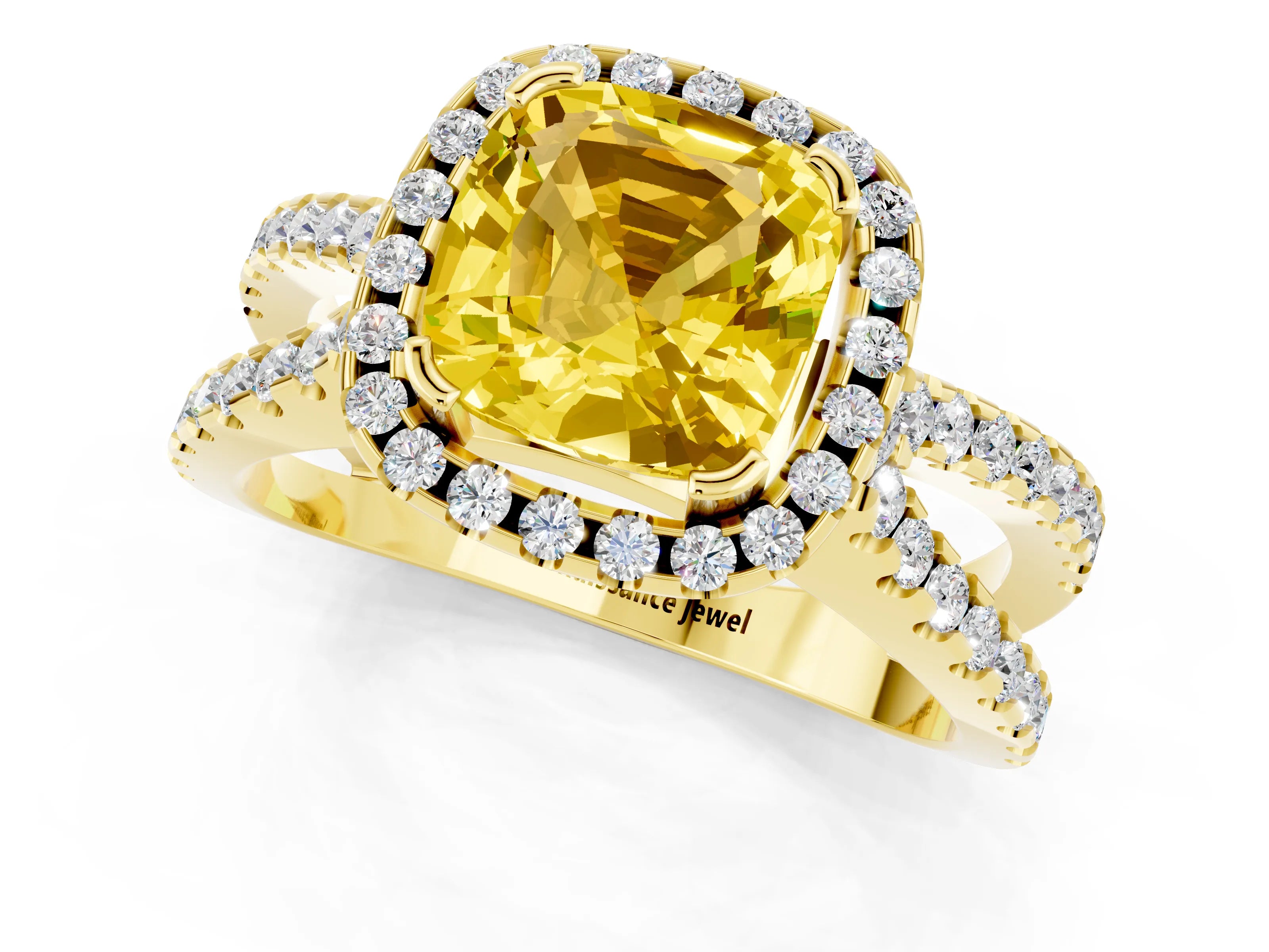 Yellow gold Cushion Cut Yellow Sapphire Halo Ring with Split Shank Pavé Band and Prong Setting_13
