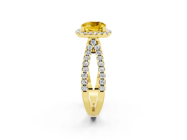 Yellow gold Cushion Cut Yellow Sapphire Halo Ring with Split Shank Pavé Band and Prong Setting