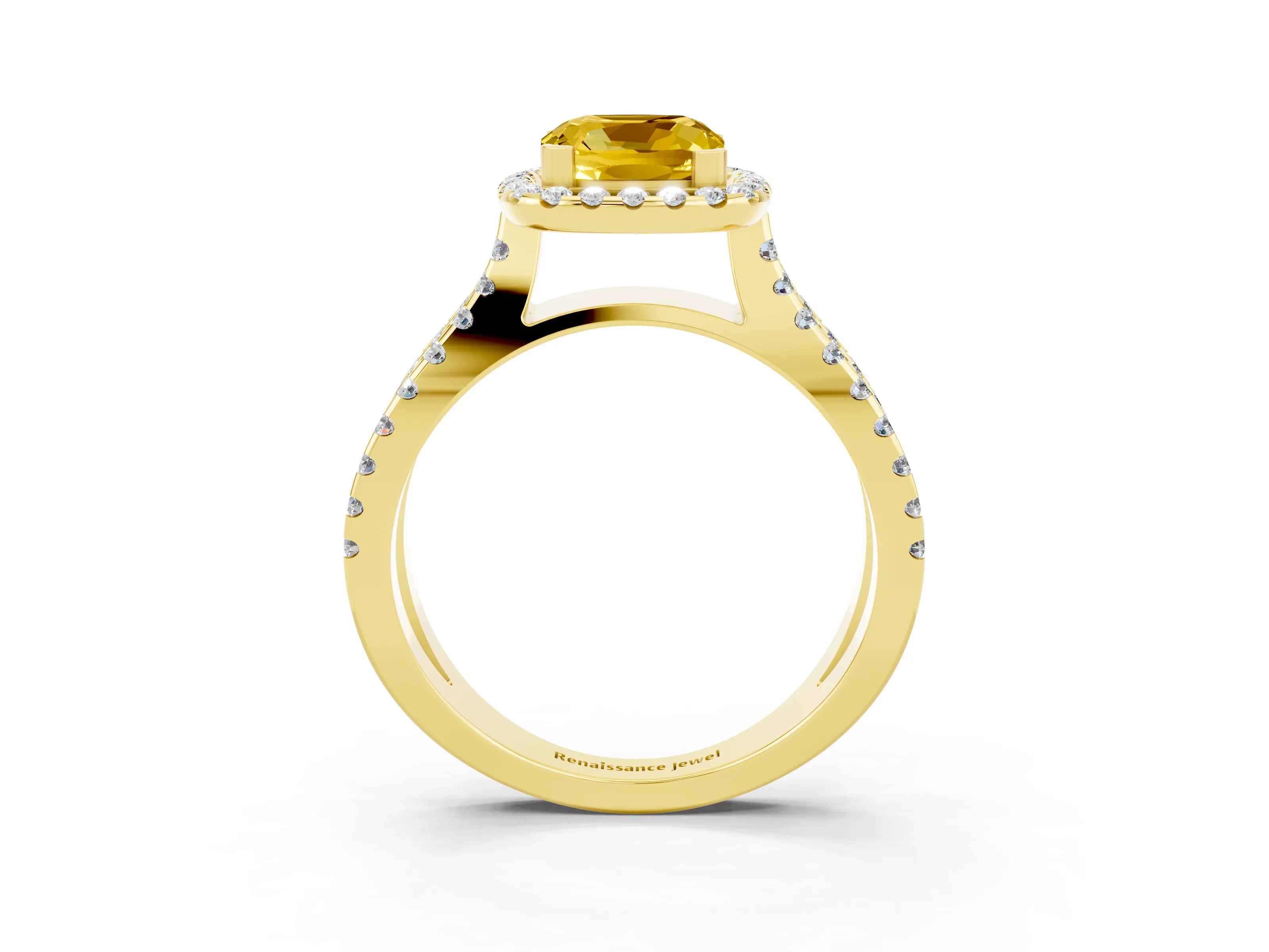 Yellow gold Cushion Cut Yellow Sapphire Halo Ring with Split Shank Pavé Band and Prong Setting_15