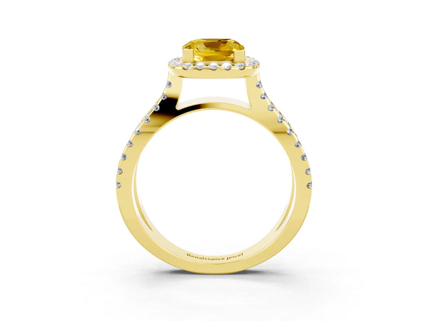 Yellow gold Cushion Cut Yellow Sapphire Halo Ring with Split Shank Pavé Band and Prong Setting